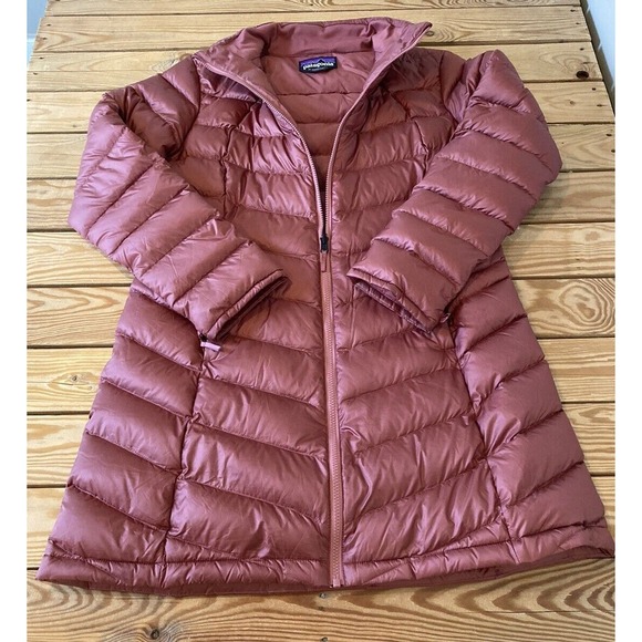 Patagonia Knee Length Down Puffer Jacket Coat Size XL Women’s Mauve Full Zip